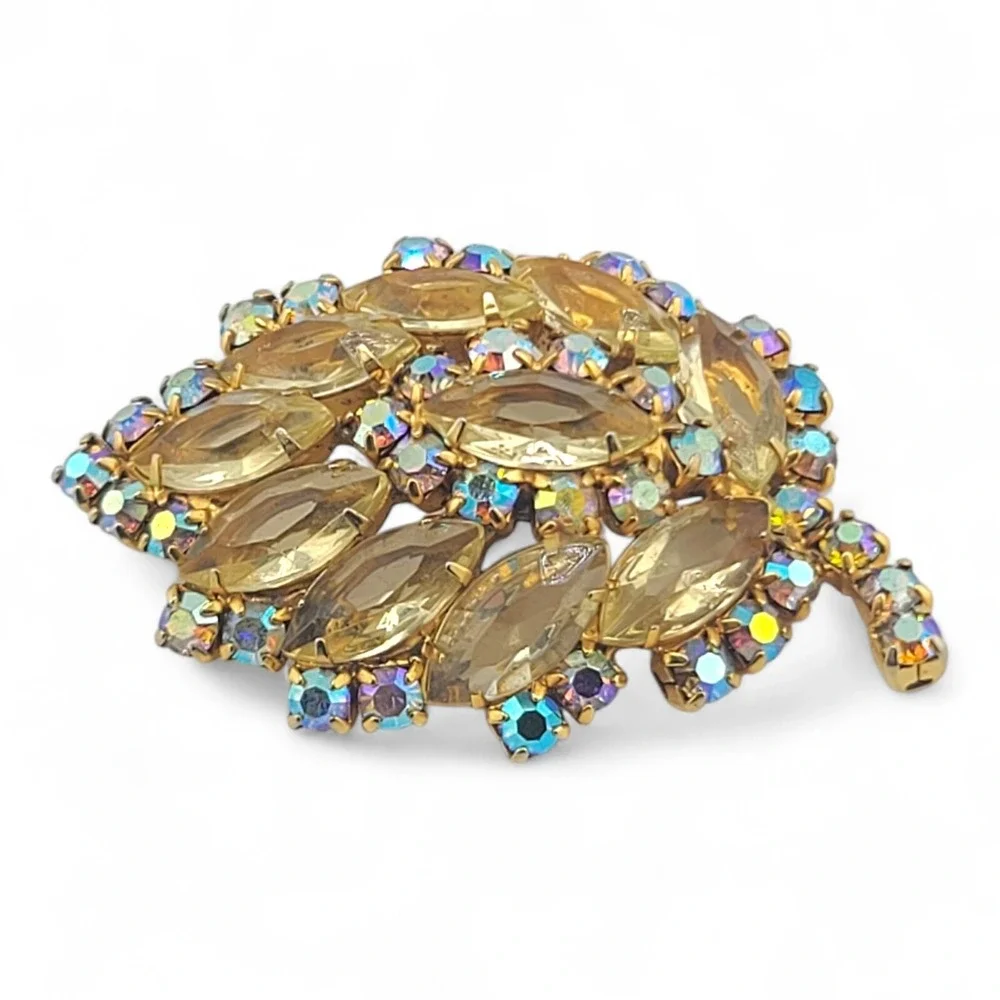 Vintage Juliana D&E Aurora Borealis Rhinestone Yellow Leaf Brooch Gold Tone